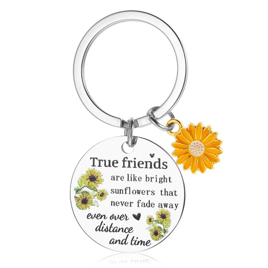 Lusofie Sunflower True Friends Gifts Friendship Keychain, Best Friend Keychain, Sunflower Keychain Best Friend Birthday Gifts for Women with Round Pendant Inspirational Words Engraving