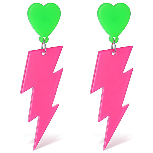 80s 90s earrings for women Acrylic Neon Lightning Bolt Heart Earrings Hot Pink Green Party Accessories, Halloween Costume Retro neon jewelry for women