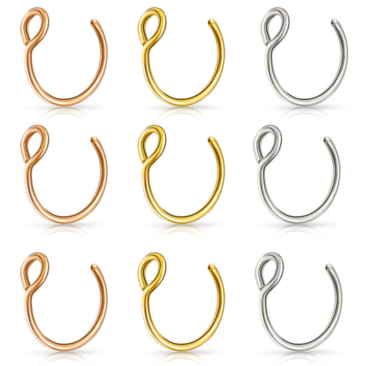 Yolev 9Pcs Fake Nose Rings,Fake Nose Ring Hoop Stainless Steel Nose Hoop for Faux Lip Septum Nose Ring Set Non Piercing Lip Rings