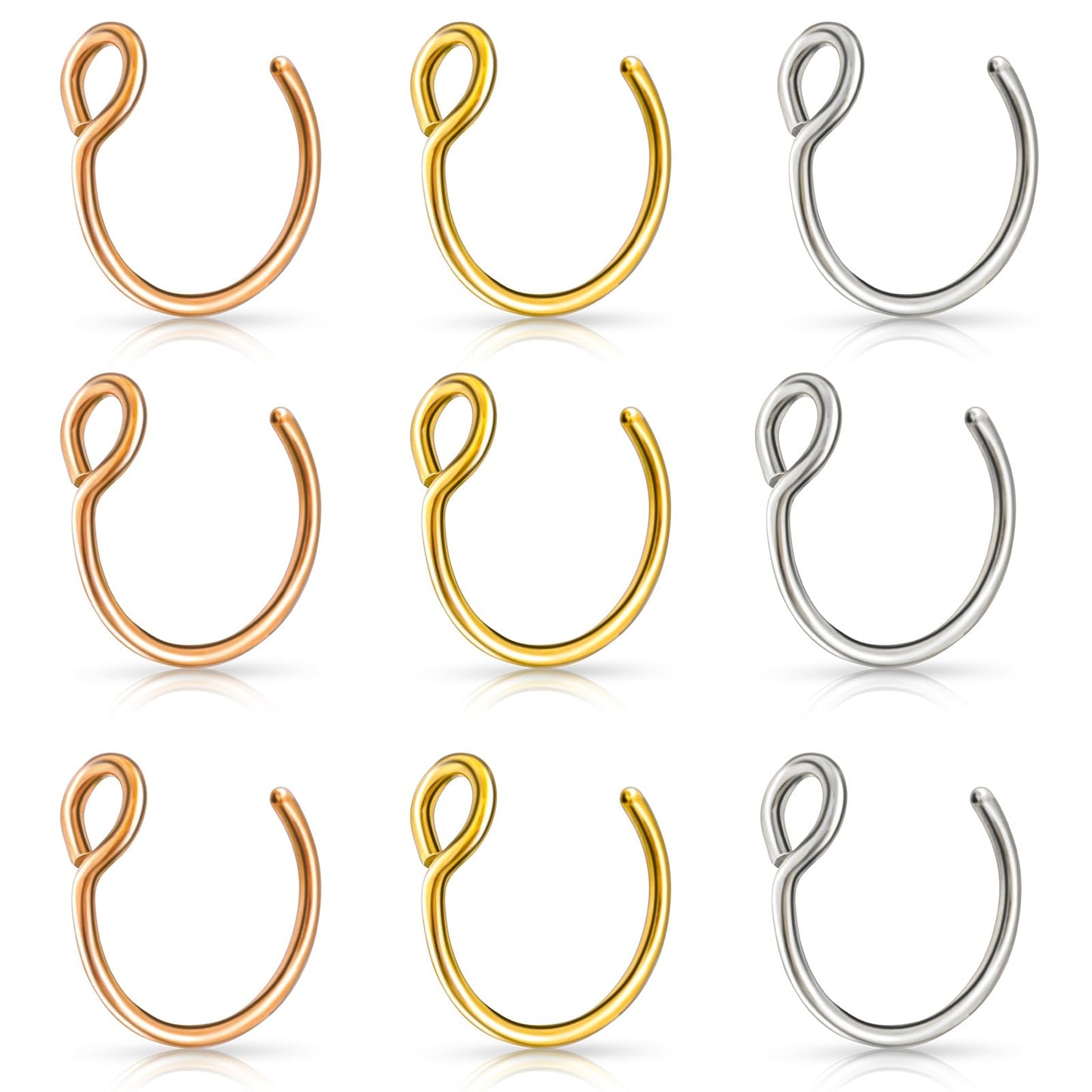 Yolev 9Pcs Fake Nose Rings,Fake Nose Ring Hoop Stainless Steel Nose Hoop for Faux Lip Septum Nose Ring Set Non Piercing Lip Rings