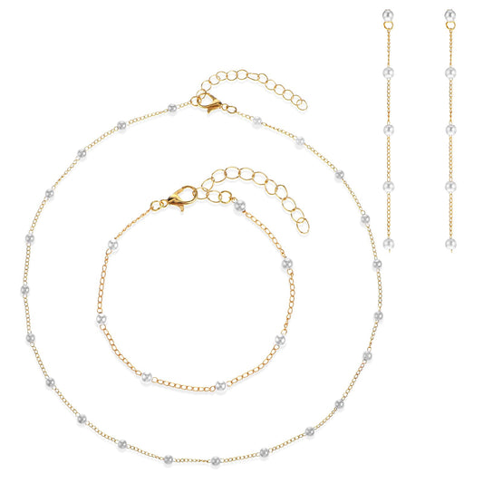 Dainty Pearl Jewelry Set for Women Gold Faux Pearl Necklaces Earring Adjustable Pearl Bracelet Drop Earrings Pearl Choker Necklace Wedding Jewelry for Prom Wedding Bridal Bridesmaid