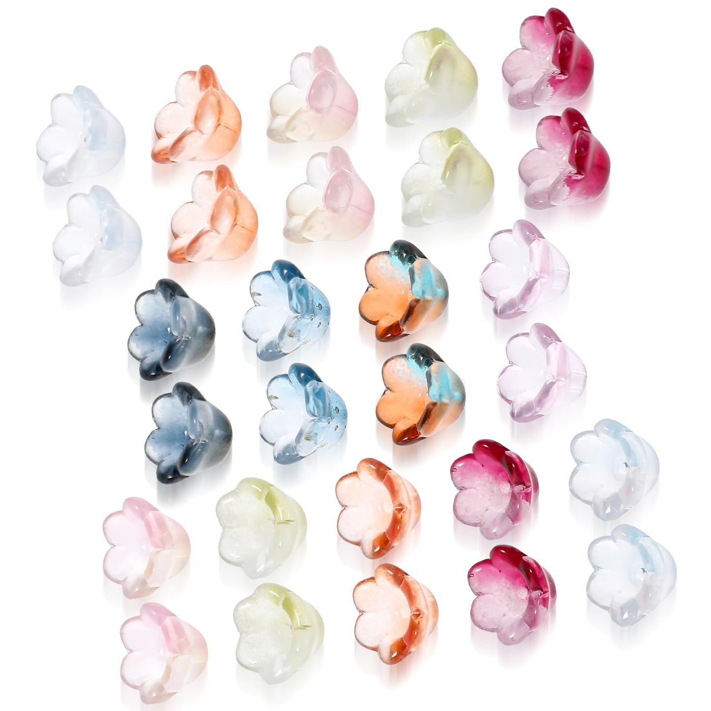 100pcs Glass Bell Flower Beads Rainbow Mix Czech Flower Beads Glass Beads for Jewelry Making,Gradient Clear Cute Small Glass Beads for Bracelets Making DIY Necklace Decoration Gifts