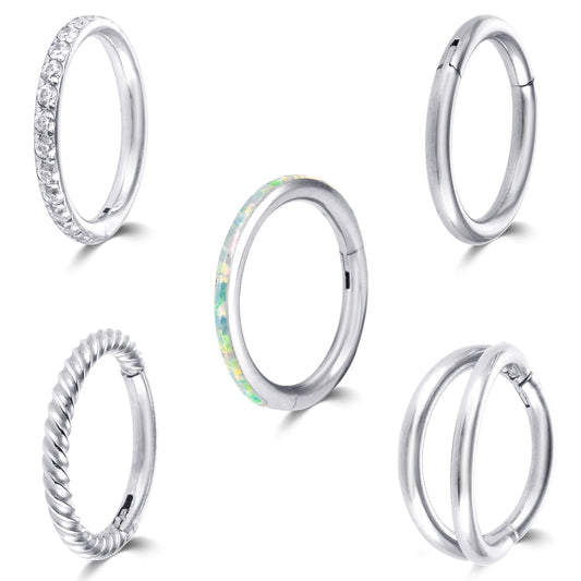 Lusofie 5Pcs 18G Hinged Nose Rings Silver Nose Rings Hoops Septum Ring Clicker CZ Tragus Cartilage Double Nose Ring Nose Body Piercing Jewelry for Women Men(8MM)