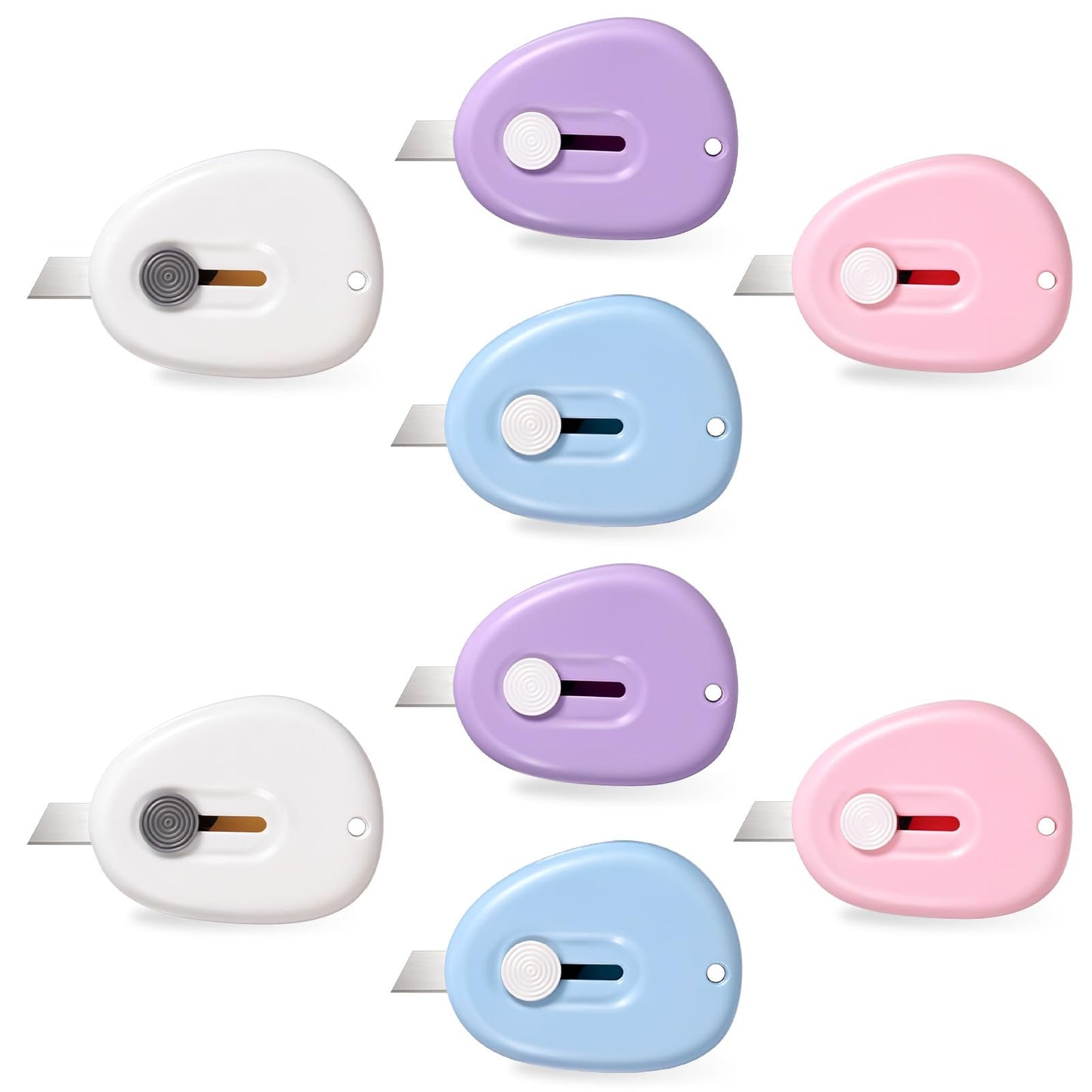8 Pack Mini Box Cutter Retractable Utility Knife Small Opener Envelope Slitter with Key Chain Hole (Blue, Pink, Purple, White)