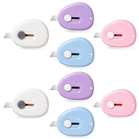 8 Pack Mini Box Cutter Retractable Utility Knife Small Opener Envelope Slitter with Key Chain Hole (Blue, Pink, Purple, White)