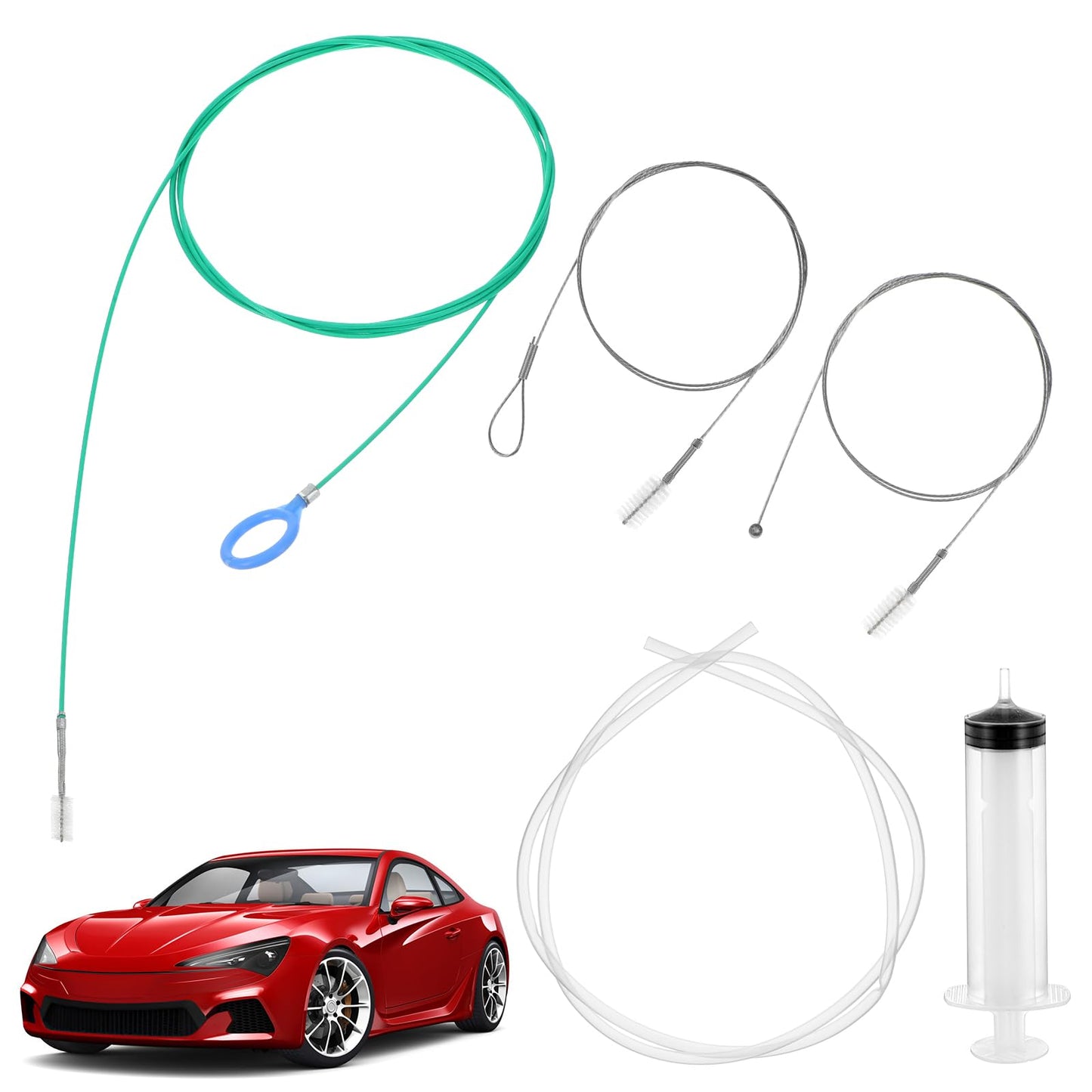 Auto Sunroof Drain Cleaning Tool,118in Long Pipe Brush with Tube Cleaning Brushes,Drain Brush Pipe Cleanings,Syringe Hose, Syringe, Sun Roof Drains Cleanings Tool for Car Sunroof Wiper Drains Hole