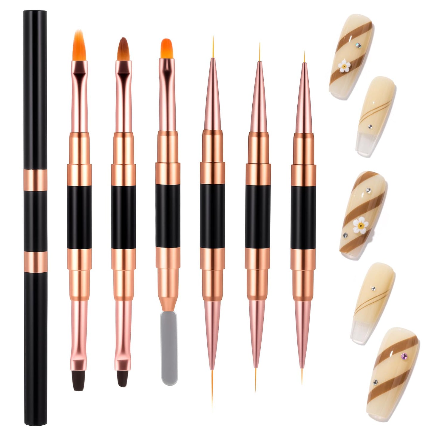 Double-Ended Acrylic Nail Art Brushes Set, 6 Pcs Nail Drawing Pen, 3D Art Nail Dotting Brush Pen for Long Lines, Thin Details, Fine Drawing(Black)