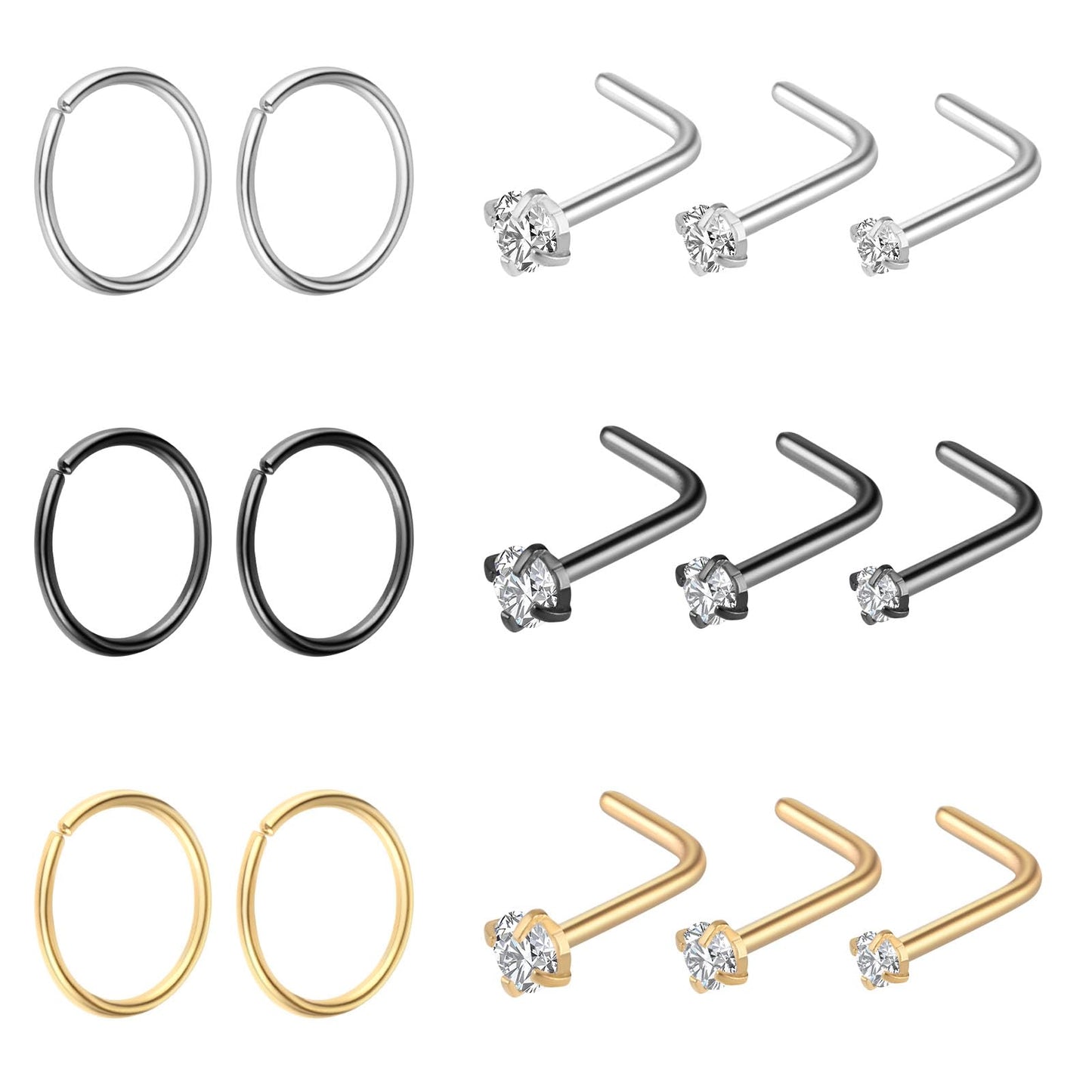 Lusofie 15Pcs Open Nose Rings Hoops L Shaped Nose Studs Set 22G 20G 18G Stainless Steel CZ Nose Studs Ring Piercing Jewelry for Women Men(Silver, Gold, Black)