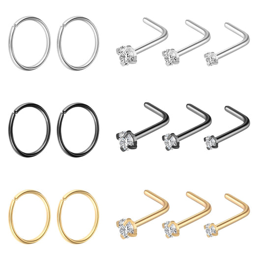 Lusofie 15Pcs Open Nose Rings Hoops L Shaped Nose Studs Set 22G 20G 18G Stainless Steel CZ Nose Studs Ring Piercing Jewelry for Women Men(Silver, Gold, Black)