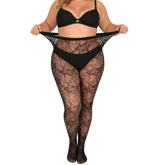 Lusofie 2pcs plus size lace tights Floral Pattern - High Waist black plus size stockings for women - Comfortably up to 230 lbs elasticity Velvet fishnet Pantyhose