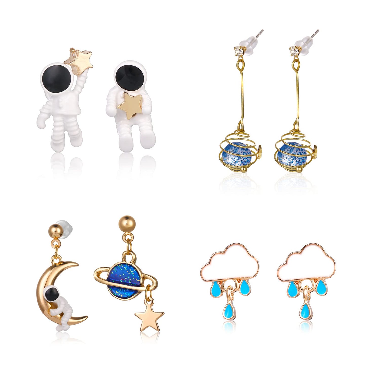 Lusofie 4 Pairs Astronaut Stud Earrings Space Earrings Asymmetric Moon Star Dangle Earth Planet Cute Earrings Jewelry for Women Girls Star Earrings