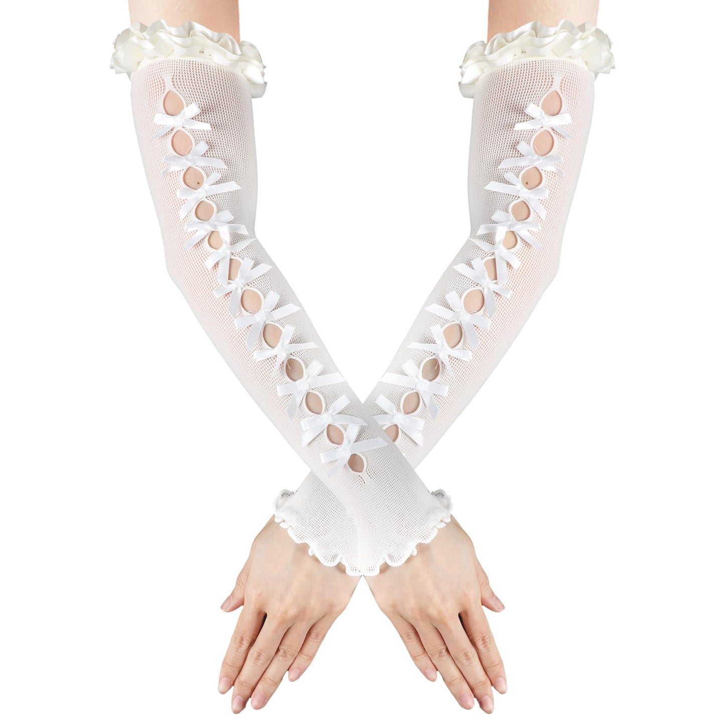 Women Lace Glove Y2K Gothic Lace Arm Sleeves Bow Lace Up Hollow Out Elbow Gloves Emo Rock Punk Fingerless Gloves Halloween Cosplay Costume One Size (White)