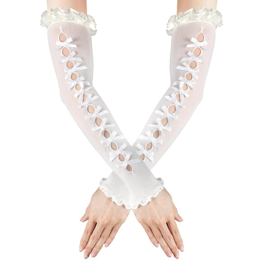 Women Lace Glove Y2K Gothic Lace Arm Sleeves Bow Lace Up Hollow Out Elbow Gloves Emo Rock Punk Fingerless Gloves Halloween Cosplay Costume One Size (White)