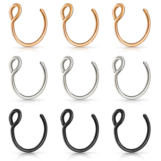 Lusofie 9Pcs Fake Nose Rings,Fake Nose Ring Hoop Stainless Steel Nose Hoop for Faux Lip Septum Nose Ring Set
