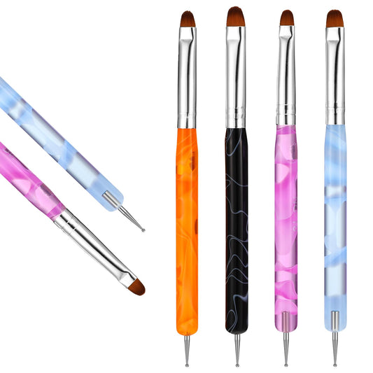 French Nail Brush Set,4 PCS Acrylic French Tip Nail Brush with Dotting Tool, Gel Frenchs Manicure Brushes for Manicure Art Design and Cleaning, Elegant Marble (10# 12# 14# 16#)