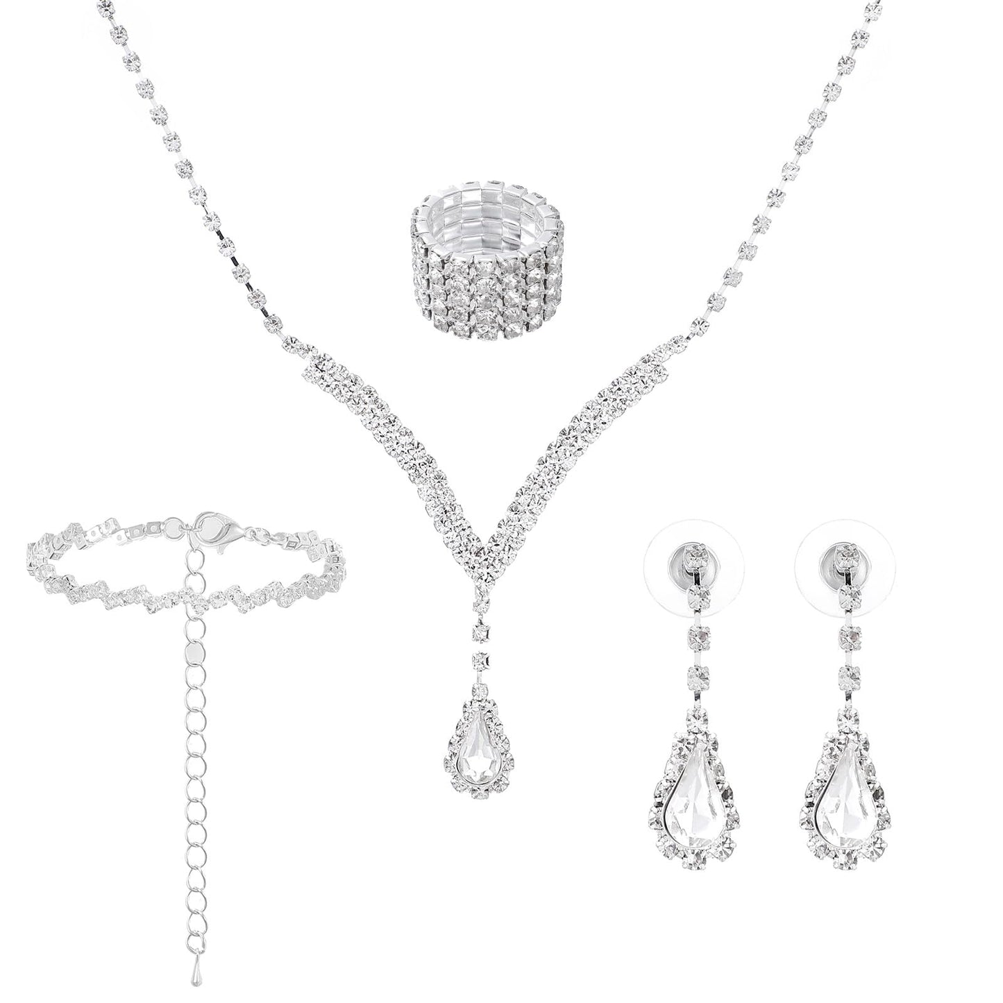 Fiyooau Silver Jewelry Set for Women Rhinestone Necklace Dangle Earrings Bracelet Ring Bridal Wedding Formal Costume Jewelry Set for Women Brides
