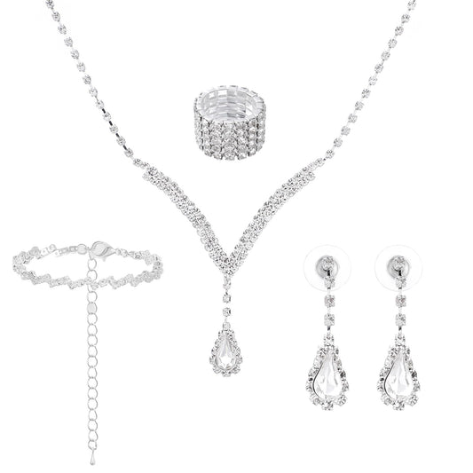 Fiyooau Silver Jewelry Set for Women Rhinestone Necklace Dangle Earrings Bracelet Ring Bridal Wedding Formal Costume Jewelry Set for Women Brides