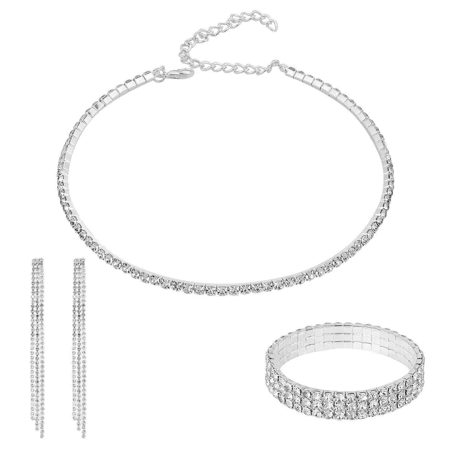 Lusofie Bridal Wedding Jewelry Set Rhinestone Choker Necklace Bracelet Rhinestone Earrings Dangling Prom Jewelry Sets Diamond Choker Necklace for Women Wedding Bridal Party(Silver 3 pcs jewelry set)