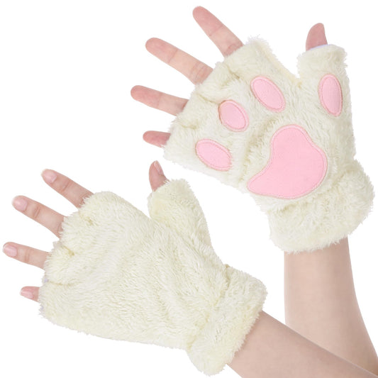 Telooco Furry Paws Gloves Kawaii Cat Paws Gloves Women Cute Warm Half Finger Gloves Therian Paws For Cosplay Halloween Christmas Party (White)