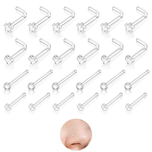 Fiyooau 24Pcs Clear Nose Studs, 20G I & L Shape Plastic Nose Piercing Retainer, Round Star Heart Flat Top Invisible Clear Nose Rings for Surgery Sport School Work, 7mm