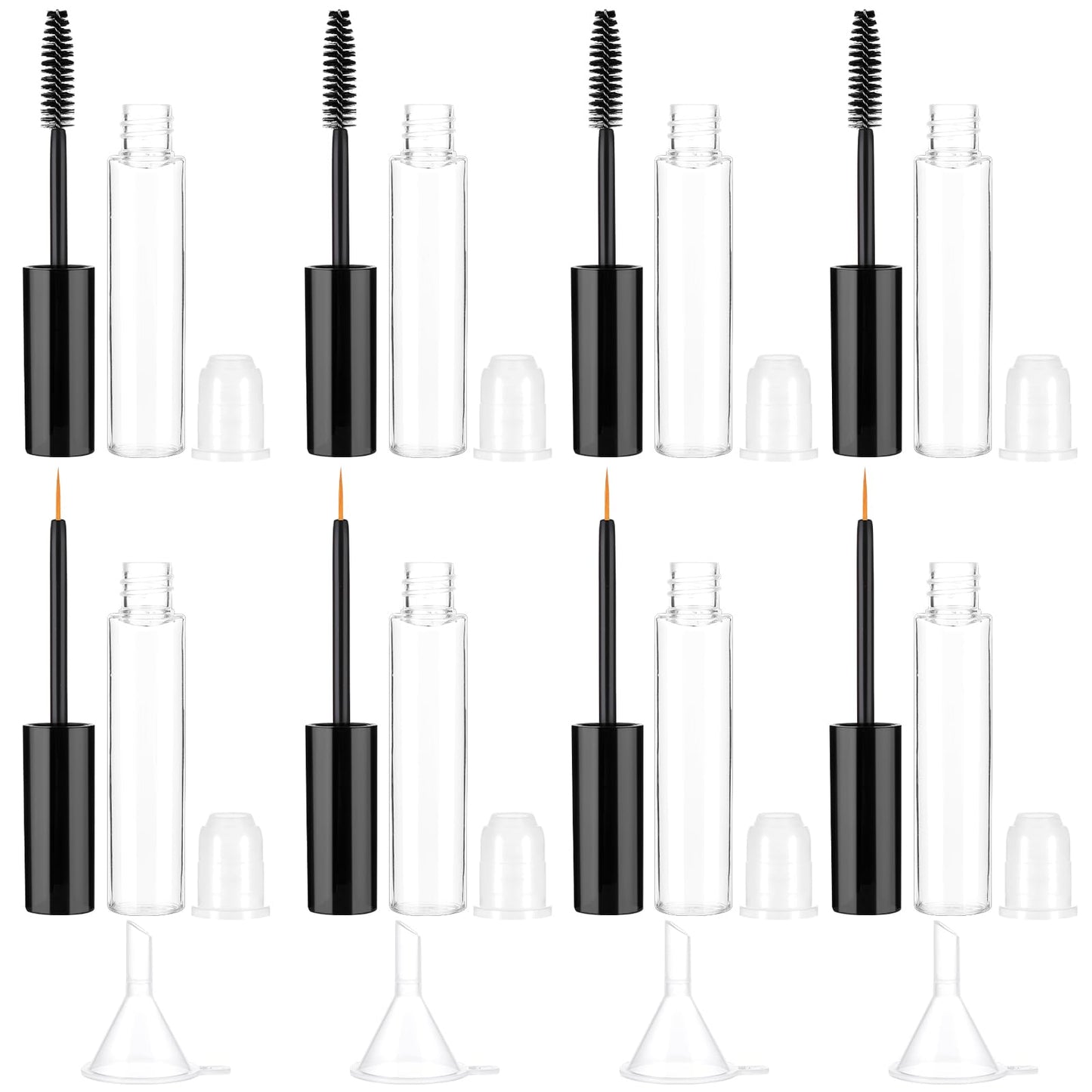 8pcs Empty Mascara Serum Tubes and Eyeliner Tubes Set Includes 4 Eyelash Cream Container Bottle, 4 Liquid Eyeliner Mascara Container, 4 Funnels for Castor Oil DIY Mascara and 8 stoppers