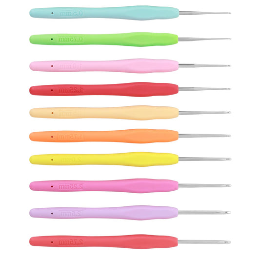 10 Pcs Small Crochet Hooks, Ergonomic Crochet Hook Set Soft Grip Rubber Handles Crochet Hooks for Arthritic Hands Beginners Adults Crochet Lovers, Size 0.5mm to 2.75mm (Multicolor)