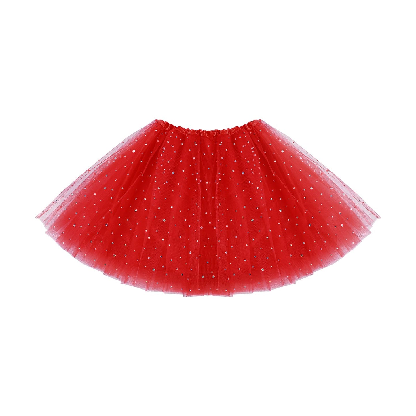 Tutu Skirts for Women Adults Tulle Skirts with Sequin Stars 3 Layered Mesh Skirt with Lining Retro 80s Fancy Dress for Women Bubble Skirt for Rave Costume Party Dance Running Cosplay(red)