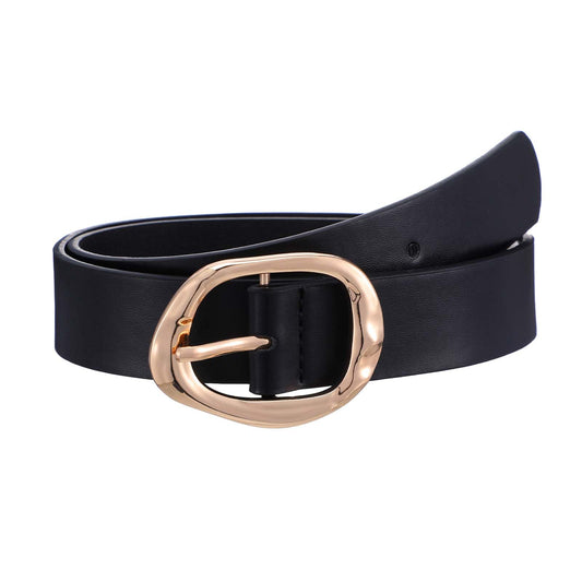 Leather Belts for Women Casual Trend Waist Belt with Liquid Shapes Gold Buckle for Jeans Pants Dresses