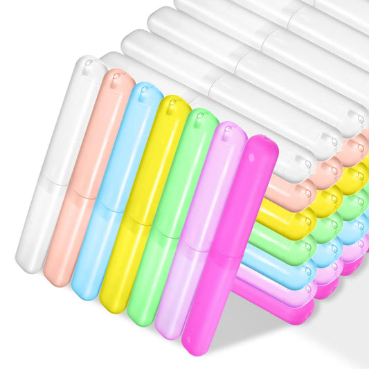 Telooco 63 Pcs Plastic Travel Toothbrush Holder Breathable Toothbrush Storage Container Portable Toothbrush Carrier Cover Case Toothbrush Protector for Home Traveling Camping Business (7 Colors)
