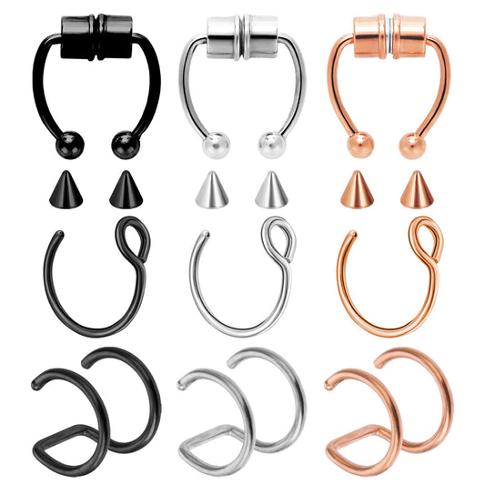 Yolev 9Pcs Septum Piercings Stainless Steel Magnetic Nose Ring Fake Nose Ring Horseshoe Stud Fake Nose Piercing Fake Septum Piercing Fake Septum Ring Faux Nose Rings for Women
