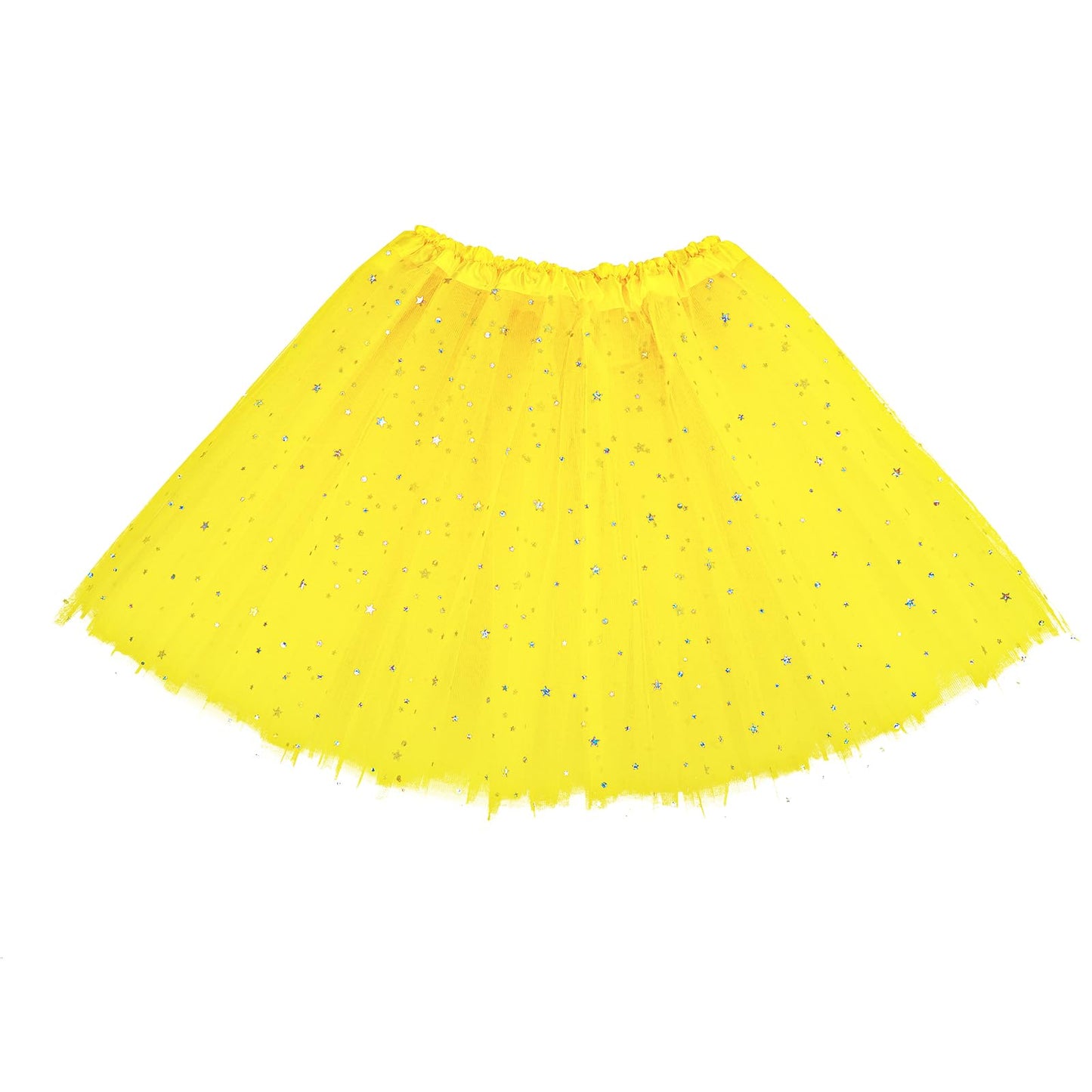 Yolev Tutu Skirts for Women Adult Elastic 3 Layered Tulle Tutu Skirt with Sequin Stars Retro 80's Festival Skirt (Yellow)