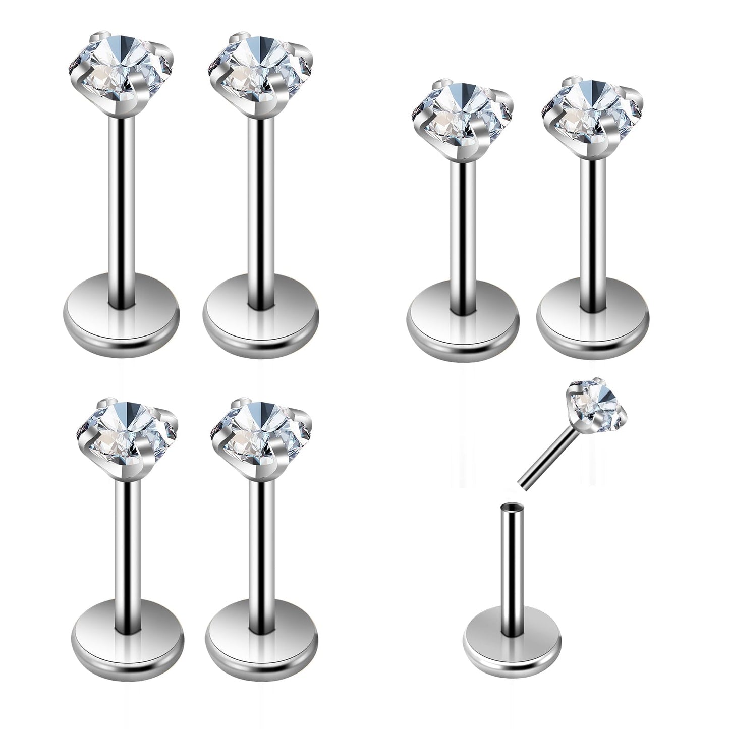 Lusofie 6pcs Stainless Steel Lip Labret Stud 20G Helix Tragus Piercing Jewelry 6mm 8mm Cubic Zirconia Tragus Helix Cartilage Stud Bar Piercing Jewelry Set (Sliver)