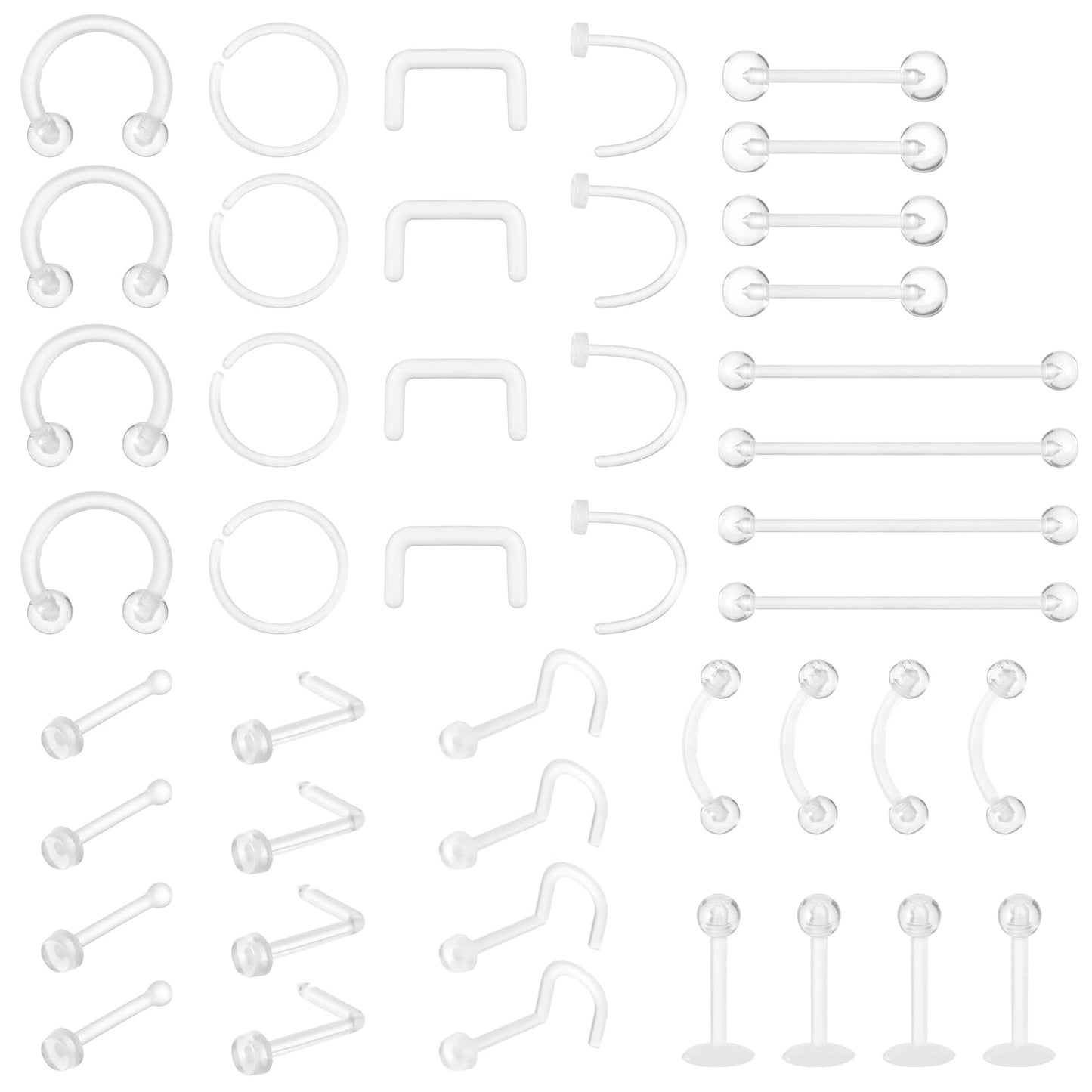 Telooco 44Pcs Clear Piercing Jewelry Clear Piercing Retainer Set Plastic Nose Rings Belly Button Ring Septum Eyebrow Lip Cartilage Piercing Clear Nose Studs for Work