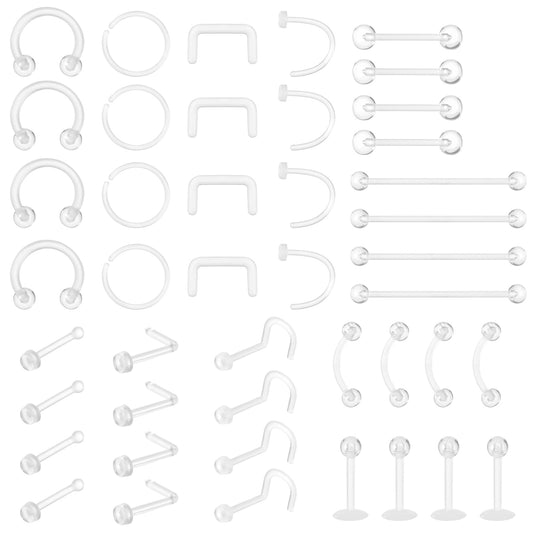Telooco 44Pcs Clear Piercing Jewelry Clear Piercing Retainer Set Plastic Nose Rings Belly Button Ring Septum Eyebrow Lip Cartilage Piercing Clear Nose Studs for Work