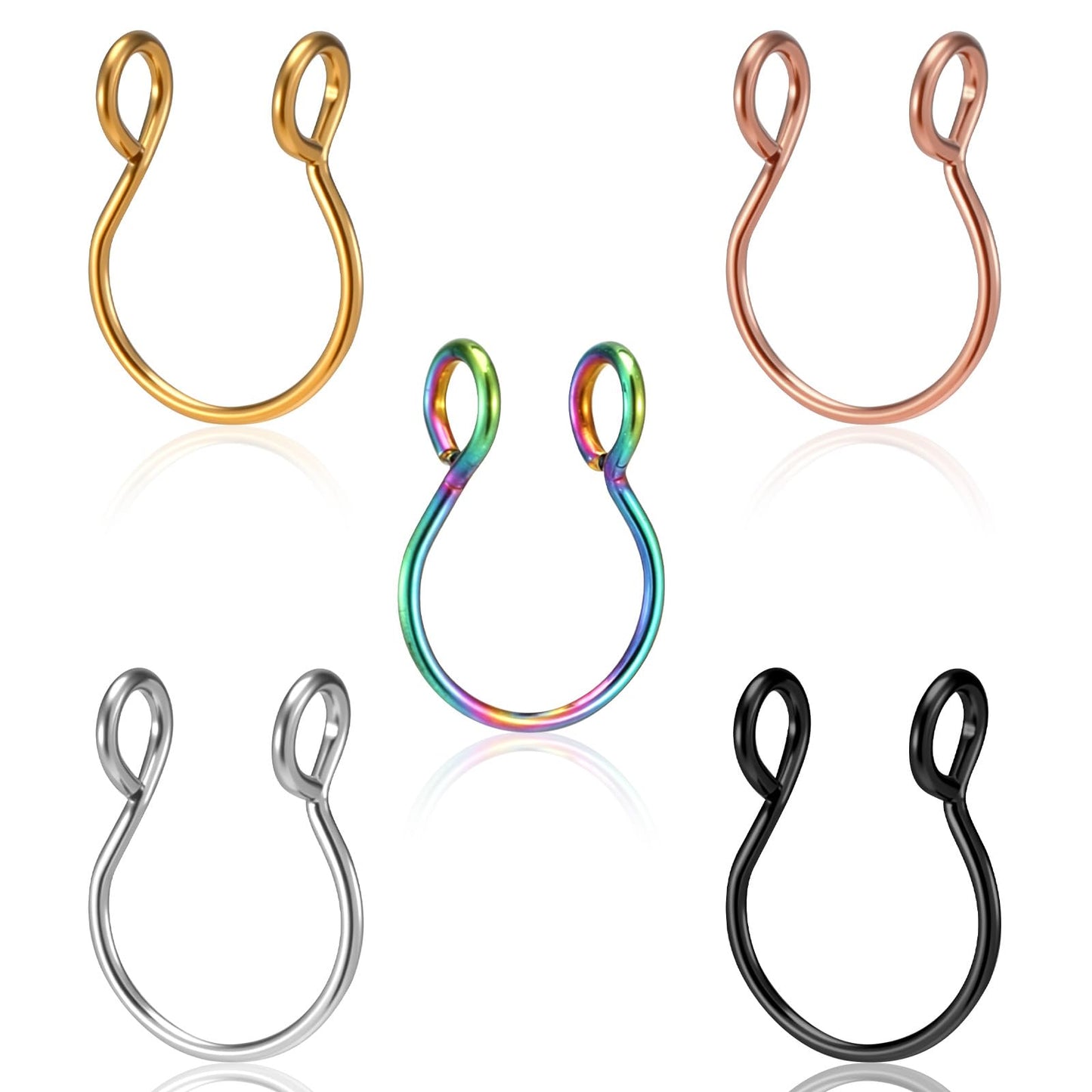 Fiyooau 5 Pcs Fake Septum Ring Stainless Steel Fake Nose Rings Clip on Septum Ring Faux Septum Piercings Lip Rings Hoop Non Piercing Jewelry for Women Men, 8mm (5 Colors)