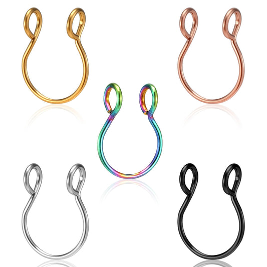 Fiyooau 5 Pcs Fake Septum Ring Stainless Steel Fake Nose Rings Clip on Septum Ring Faux Septum Piercings Lip Rings Hoop Non Piercing Jewelry for Women Men, 8mm (5 Colors)