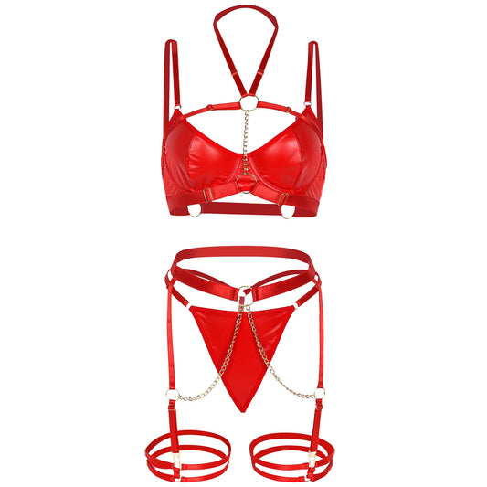 Telooco Garter Lingerie Set 5 Piece Sexy Pu Leather Strappy Lingerie Adjustable Straps Garter Belt Sexy Leather Lingerie for Women Naughty Outfits with Underwire Push Up Bra and Chain(Red,Large)