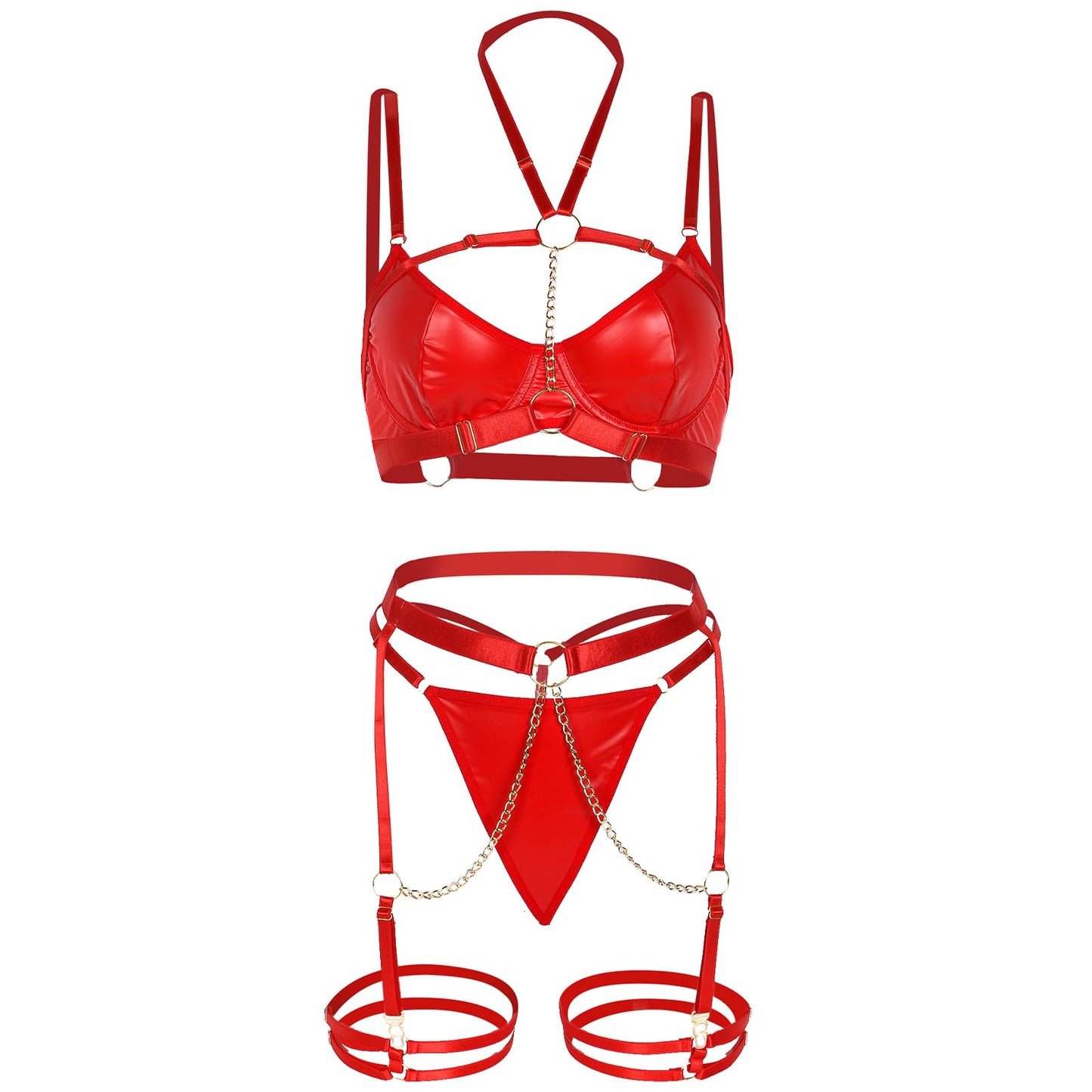 Telooco Garter Lingerie Set 5 Piece Sexy Pu Leather Strappy Lingerie Adjustable Straps Garter Belt Sexy Leather Lingerie for Women Naughty Outfits with Underwire Push Up Bra and Chain(Red,Large)