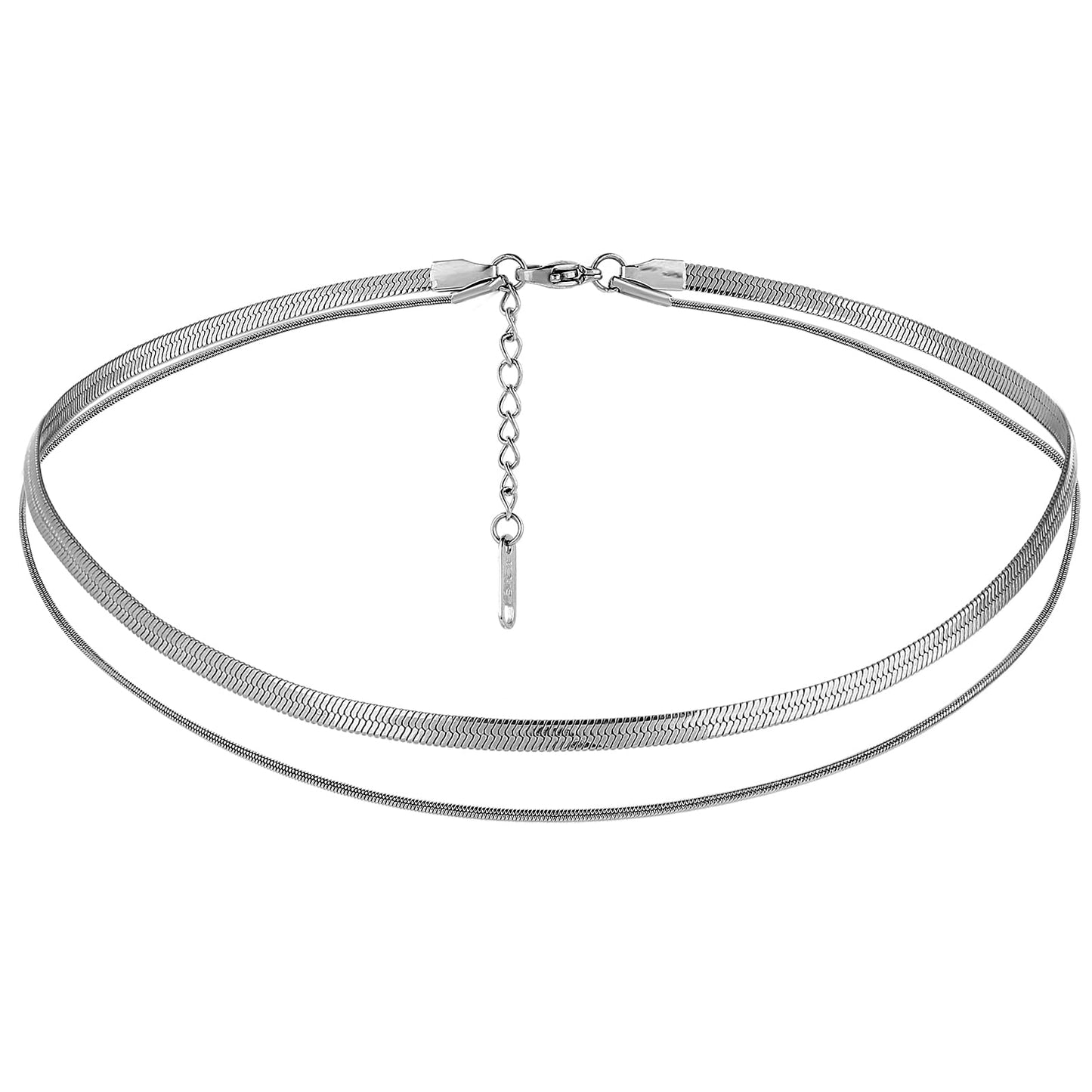 Snake Chain Necklace Silver Plated Herringbone Necklace Flat Layered Chain Choker Necklaces for Women Girl Dainty Jewelry Gifts (Silver)