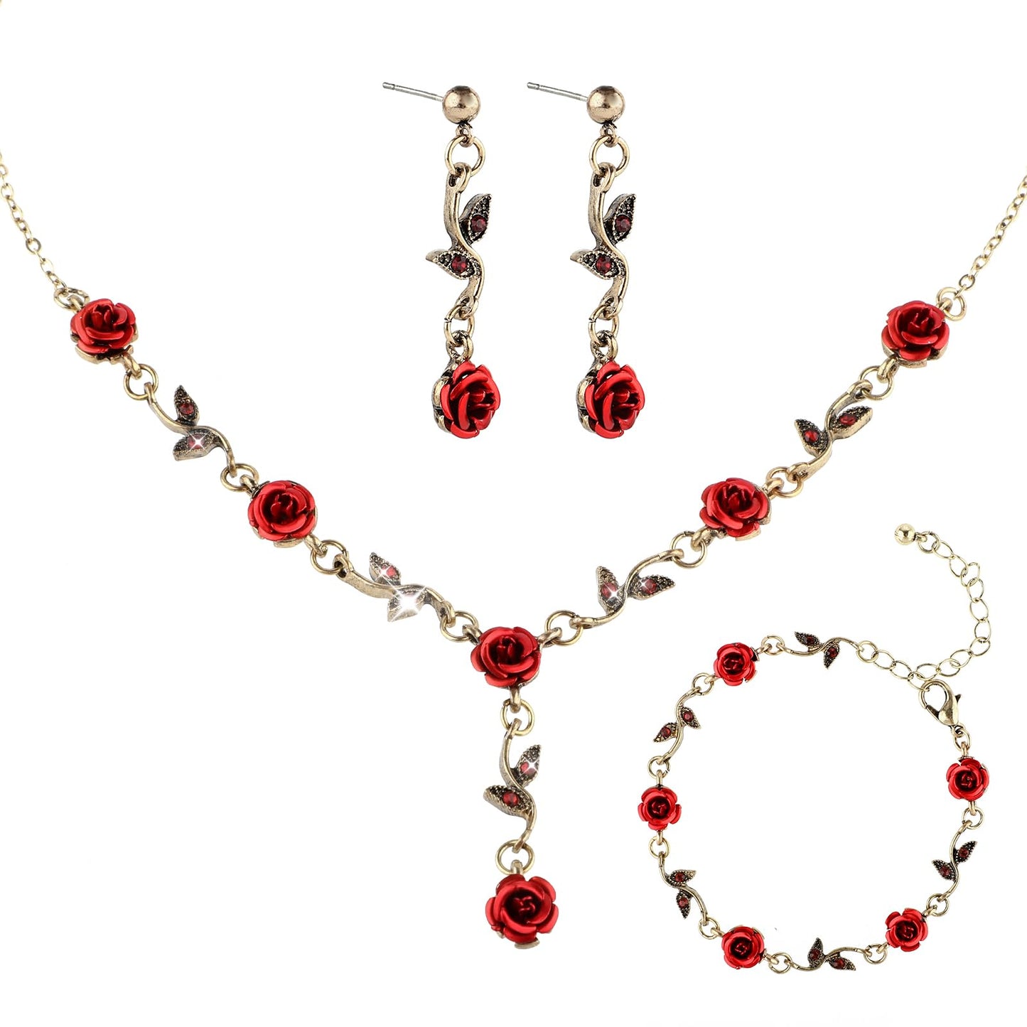 Romantic Red Rose Jewellery Set, Rose Necklace, Earrings and Bracelet, Bridal Jewellery Set, Vintage Rose Pendant for Weddings, Proms, Valentine's Day or Birthdays