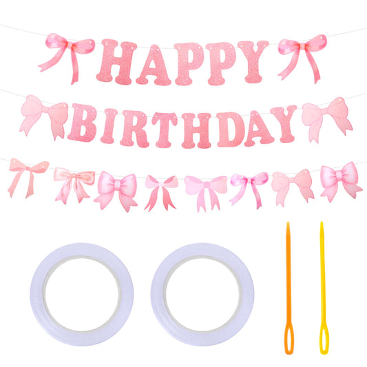 Bow Happy Birthday Banner Garland Cardboard PP Bow Birthday Banner for Girls Pre-Strung Pink Coquette Bow Birthday Party Decorations Coquette Birthday Decorations Dreamy Bow Party Decorations