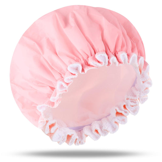 Pink Shower Cap Reusable Waterproof Terry Lined Shower Cap for Women Flexi Bathing Shower Caps Double Large Shower Cap Elastic Hair Cap for Shower Cap with Terry Cloth Lining for all Hair Types