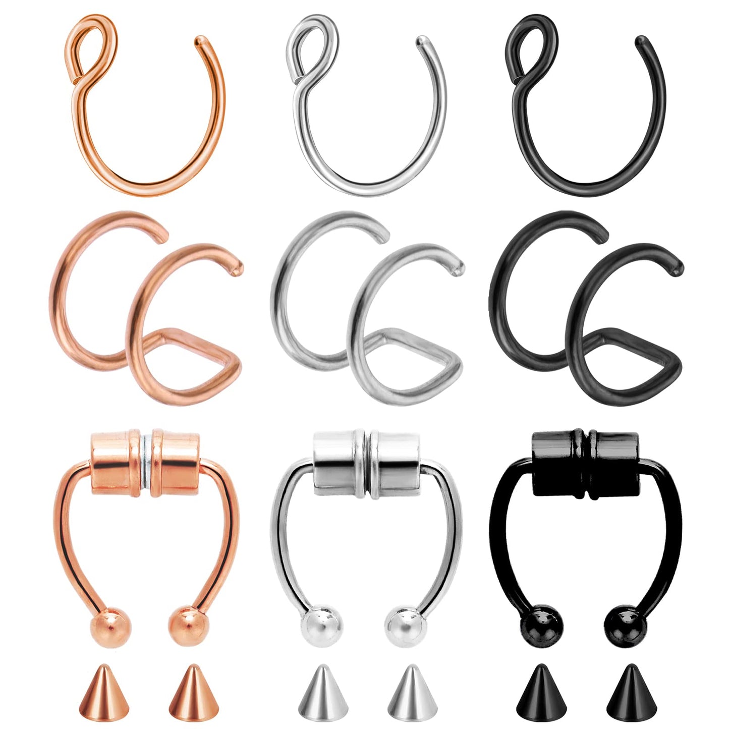 Yolev 9Pcs Septum Piercings Stainless Steel Magnetic Nose Ring Fake Nose Ring Horseshoe Fake Septum Ring Faux Nose Rings for Women Fake
