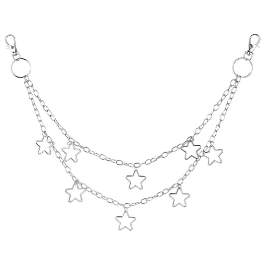 Lusofie Y2K Pants Chain with Stars Pendant Layered Pocket Wallet Jean Chains for Men Women Waist Belt Body Accessories(Silver）