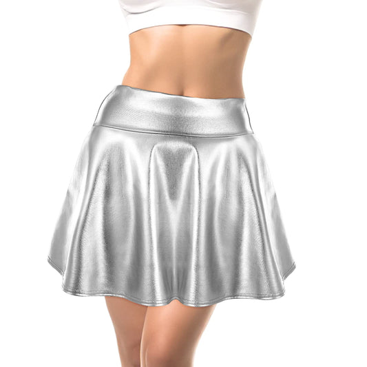 Yolev Women's Shiny Metallic Flared Skater Skirts Wet Look PU Leather High Waist Pleated Mini Skater Skirt for Disco Dance Party (A-Line/Silver)