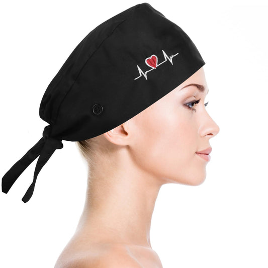HaiFafafaing Adjustable Scrub Cap Satin Lined Scrub Hat for Women and Men Black Surgical Caps with Buttons, Elastic Bandage and Tie Back One Size