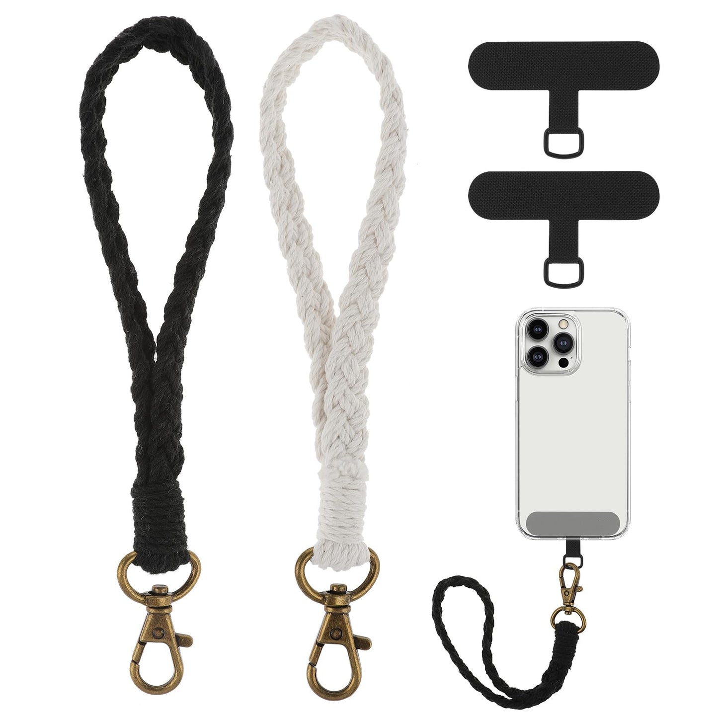 Lusofie 2 PCS Boho Macrame Phone Wrist Strap with 2×Tether Tab,Handmade Macrame Keychain,Women Men Wrist Strap for Phone Case(White + Black)