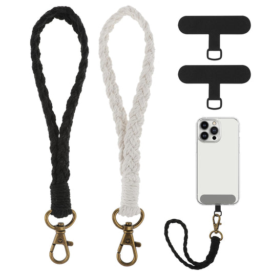 Lusofie 2 PCS Boho Macrame Phone Wrist Strap with 2×Tether Tab,Handmade Macrame Keychain,Women Men Wrist Strap for Phone Case(White + Black)