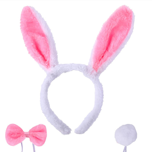 Yolev 3-Piece Pink Bunny Costume Set Bunny Ears Headdress Bow Tie Bunny Tail Easter Bunny Decoration Set Kids Adult Halloween Party Cosplay Costume Accessories