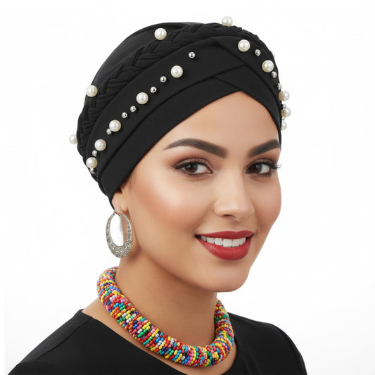 African Turbans for Women,Pre-Tied Twisted Head Wraps with Pearl,Chemo Cancer Wrap Cap